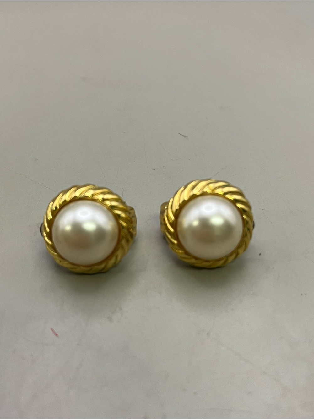 Vintage Gold Tone Rope Pearl Clip On Earrings Large Faux Pearl Statement 80s 90s